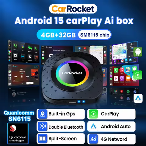 CarRocket Carplay Ai Box Android 15 SM6115 Built-in GPS Support Netflix YouTube Wireless Android Aut
