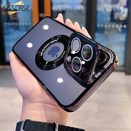 KISSCASE Foldable Lens Bracket Stand Plating Magnetic Case For iPhone 15 Pro Max 14 Plus 13 12 For Magsafe Logo Hole Camera Protection Stand Cover