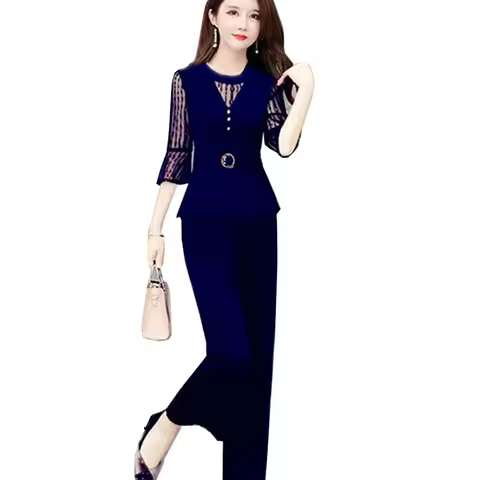 5XL Women Pants 2-Piece Set 2024 Female Summer Set Lady Slim Tops+ Wide leg Pants Two-Piece Suit Sho