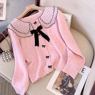 Women's Tops Cardigan Ribbon Knitwear Premium Sailor Double Ruffle Knit Thick Outer Button Cardigan 