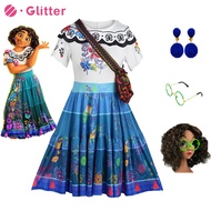 Adult Kids Encanto Mirabel  Madrigal Cosplay Costume Women Dress Flower Girls Wig Earrings Glasses P