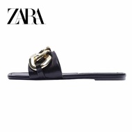 Zara Women's Shoes Square Toe Chain Ring Ornaments Flat-Soled Fashion Sandals Open Toe Slippers Women Outer Wear
