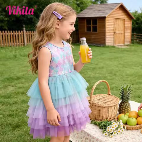 VIKITA Kids Pastel Ombre Lavender Mermaid Print Beach Vacation Dress Girls Sleeveless Summer Gradien