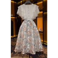 2024Summer Mesh Dress Designer High Class Elegant Stitching Machine Embroidery White Fashion Formal Dress Female