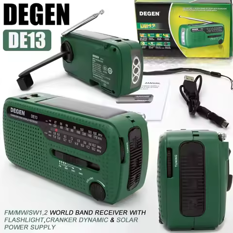 DEGEN DE13 FM AM SW Crank Dynamo Solar Power Emergency Radio Global receiver High Quality VS Tecsun 