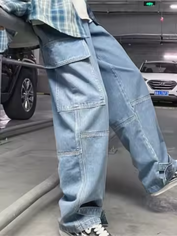 Cargo jeans Men Loose Straight Baggy Men's Jeans Mopping pants hip hop Streetwear Skateboard Neutral