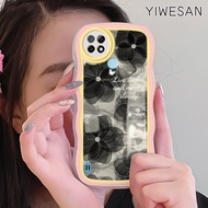 YIWESAN Casing Ponsel untuk Realme C21 C21Y C25Y C15 C20 C20A C11 2021 C11 2020 Narzo 50i Case Fashion bunga hitam HP gelombang kreatif pelindung ponsel Kesing silikon tahan guncangan cangkang perlindungan lensa kamera Casing lembut bening Softcase