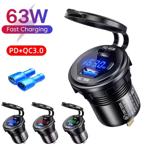 Aluminum 63W USB Charger Socket Fast Charge 12V/24V USB C Car Charger Socket PD and QC3.0 Dual USB P