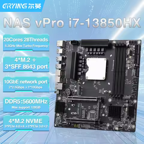 ERYING M-ATX Motherboard CPU Combo NAS vPro i7-13850HX 20C28T DDR5 RAM 4*M.2 3*SFF 8643 to SATA 2*2.