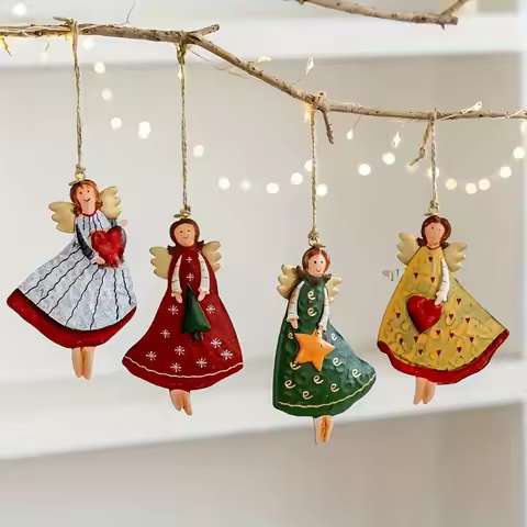 4PCS/Set Vintage Wooden Angel Christmas Tree Hanging Decor Xmas Tree Ornament Navidad Decor for Home
