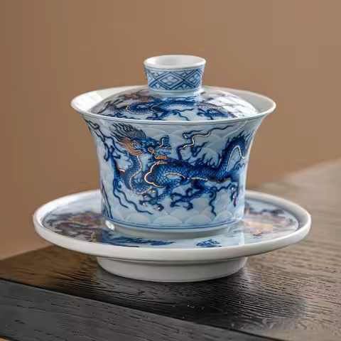 Metal Inlay Blue and White Chinese Dragon Gaiwan Single Ceramic Kungfu Tea Set Tea Making Bowl Tea T