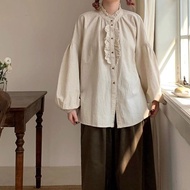 亞麻立領木耳邊襯衫 / 復古日系花瓣燈籠袖 / 長袖文藝感寬鬆上衣