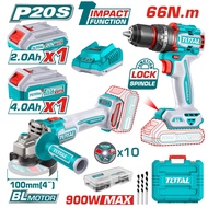 TOTAL Combo Set 46 สว่านกระแทก ไร้สาย 66N + เครื่องเจียร์ ไร้สาย 20V BL motor TCKLI2027310