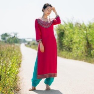 印度日常純棉西瓜紅長款傳統服飾
