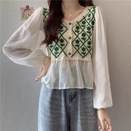 Big Size Blouse Rajut Lengan Sifon Atasan Wanita Motif Kotak Bunga2 Lucu Retro Korea