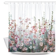 ผ้าม่านฝักบัวอาบน้ำลายดอกไม้พร้อมตะขอ12อันและที่คลุมผ้าม่านห้องน้ำแบบห่วงม่านอาบน้ำหลากสีกันน้ำ