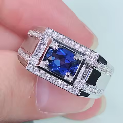 AU585 Fine Jewelry 1Ct Oval Cut Blue Sapphire Diamond Male Ring Solid 14K 585 White Gold Ring 206