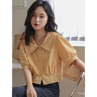 Women's Cotton Short-Sleeved Shirt2024Summer New Korean Style French Style Shirt Top Design Lace Collar Waist Tight Shirt 7E5T