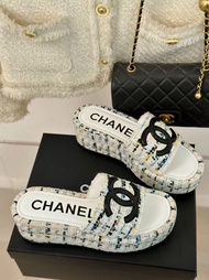 全新🌸 Chanel 字母拖鞋 厚底坡跟