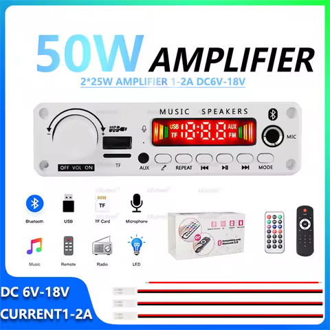50W Bluetooth 5.0 Amplifier Complete Kit with Remote Power Cord, DC 6-18V for Car Audio DIY Portable