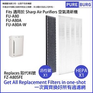 一組兩件【適用於Sharp 聲寶 FU-A80A / FU-A80A-W】空氣清新機 FZ-A80SFE HEPA濾網+活性碳濾網濾芯