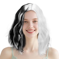 Cruella Deville Wig, Black and White Cruella Deville Costume Accessories for Women, Short Curly Wavy