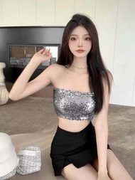 เสื้อเกาะอกเปิดไหล่แบบบางปักเลื่อมเปิดหลังระยิบระยับแบบใหม่สำหรับผู้หญิงเสื้อเกาะอกสำหรับสาวอ้วนเสื้