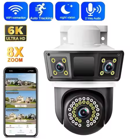 12MP Three Lens PTZ IP Camera Outdoor 6K HD Three Screen WiFi Security Cam Auto Tracking 4K Dual Len