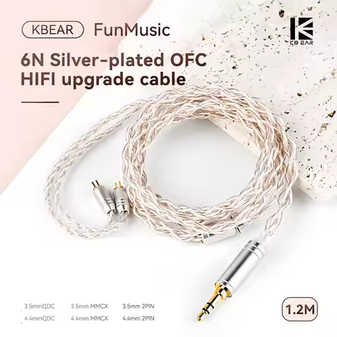 KBEAR Funmusic HIFI Earphone Cable 4 strands 6N OFC with silver plating 3.5/4.4mm/MMCX/2PIN/QDC IEM 