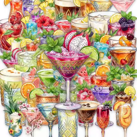 50Pcs Drink Cocktail PET Transparent Stickers Waterproof Decals For Phone Case Water Cup DIY Decor L