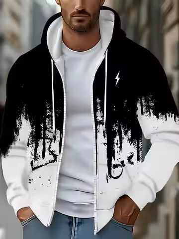 Fashion Lightning Pattern Printed Men's Zipper Hooded Jacket Casual Outdoor Spring And Autumn Jacket