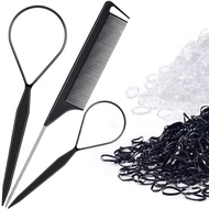 Topsy Tail Hair Tool Set by IKOCO - 400pcs Hair Bands, 2pcs Loop Styling Tools, Rat Tail Comb, (200p
