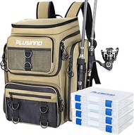 PLUSINNO Fishing Backpack with Rod Holders, 42L Water-resistant Tackle Bag With 4 Tackle Boxes, Camp