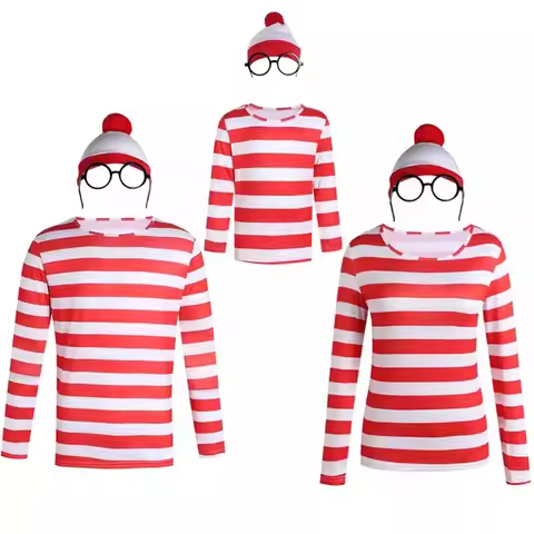 Wheres Waldo Striped Shirt Youth Kids Boys Wally Costume Shirt Glasses and Hat Socks Unisex Adults H