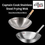 Captain Cook Single Handle Stainless Steel Wok (34,36,38cm)/ Wooden Handle Wok (34,36,38cm) (Depth: 
