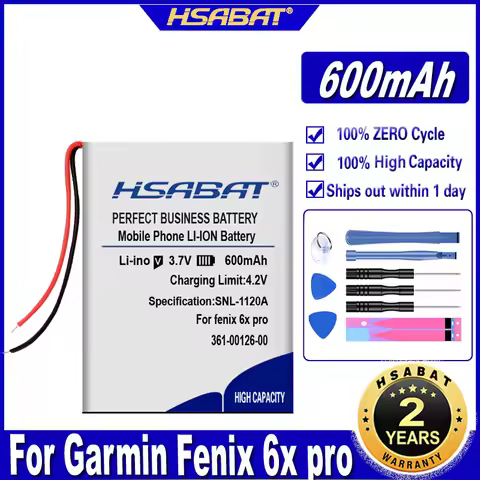 HSABAT 361-00126-00 600mAh Battery for Garmin Fenix 6x / Fenix 6x pro Solar GPS watch Batteries