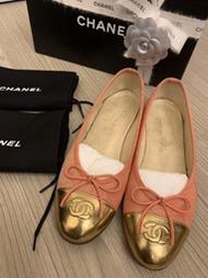 現貨歐洲限定款專櫃正品 Chanel 香奈兒 羊皮+單寧 經典雙c蝴蝶結芭蕾平底鞋/娃娃鞋 37.5號附紙盒.紙袋