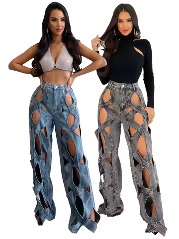 Women's Fashion Loose Stretch Jeans Summer Fall Female Streetwear Denim Trousers Y2k Casual Hollow O