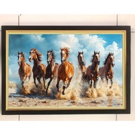 Wall decoration painting print 7 brown horses plus frame size 65cm, 35cm