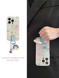 กระเป๋าใส่กระต่ายการ์ตูนน่ารักสำหรับ iphone14Promax Rainbow Pendant Case สำหรับ iphone13 กระเป๋าใส่หนังสีฟ้าสำหรับ iphone12Promax กรณีโทรศัพท์ทาสีสำหรับ iphone11