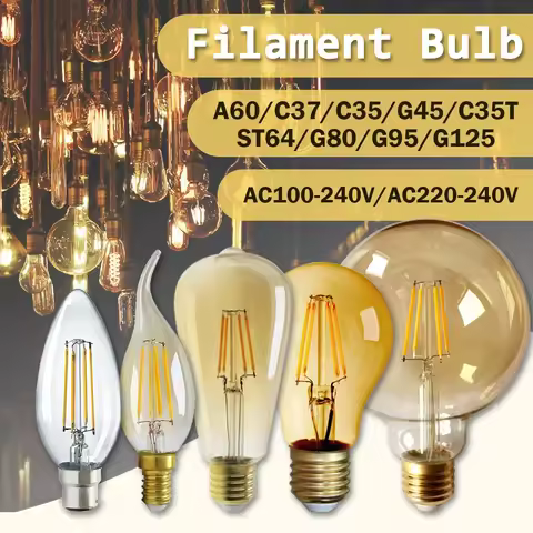 2PCS E14 E27 LED Filament Bulb C35 C35T ST64 G80 A60 220V 4W 9W Warm White Glass 360 Degree Edison R