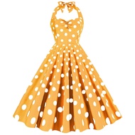 Sexy Retro Yellow Polka Dot Halter Dress Audrey Hepburn 50s 60s Vintage Dress Gothic Pin Up Rockabil