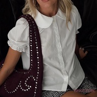 Women's Summer Button Down Blouse - Solid Color Dolly Collar Bubble Hem