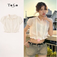 Women's Silk Blouse with Ruffled Sleeves, Crochet Waist, Vintage Style - TOGO.CLOTHING
