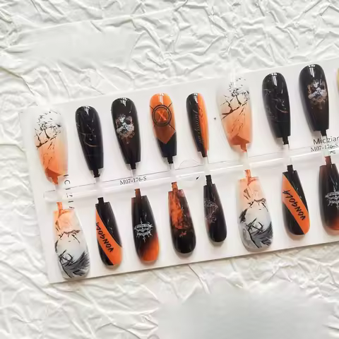 Sawada Tsunayoshi Rokudou Mukuro Orange Purple Fake Nails Gradient Mid Length Manicure Tips Anime Me