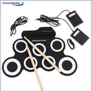 AMAZ Portable Electronic Drum Digital USB 7 Pads Roll up Drum Set Silicone Electric Drum Pad Kit with DrumSticks Foot