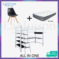 LaMoison Aloha Loft Single Size Bed Frame with Single Spring Mattress Study Table Book Shelves Chair