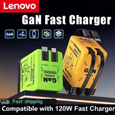 Lenovo GaN Charger 120W Fast Charging, Retractable Type C Lightning Cable Built in Portable Adapter 
