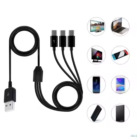R91A Multi USB C Sync Cable, 3 in 1 Charging Cord with 3 Type-C Male Plug for Mobile