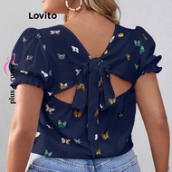 (Trendy) Lovito Plus Size Curve Blouse Casual Butterfly Knot Blouse for Women LBL19347